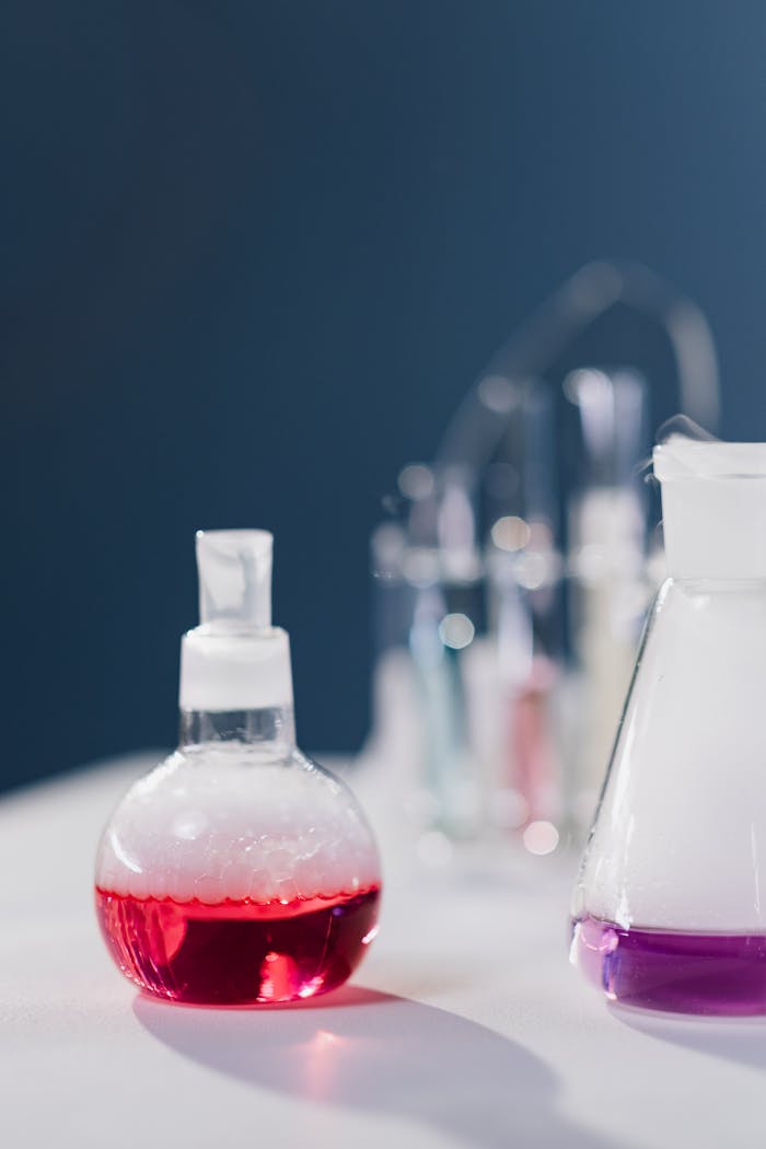 Close-up view of flasks with colorful reactions in a laboratory setting.